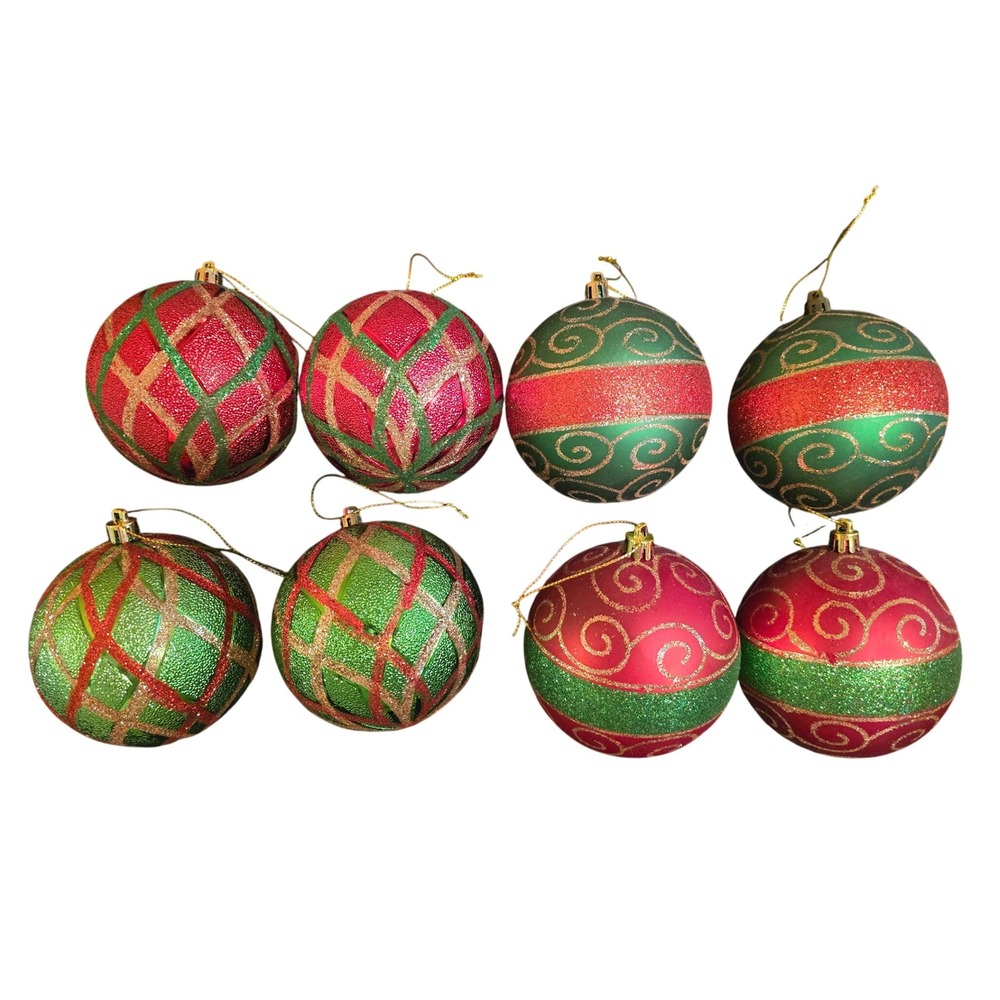 Christmas Ornaments‎ Red Green Glitter Swirl Diamond Set of 8 Holiday Decor